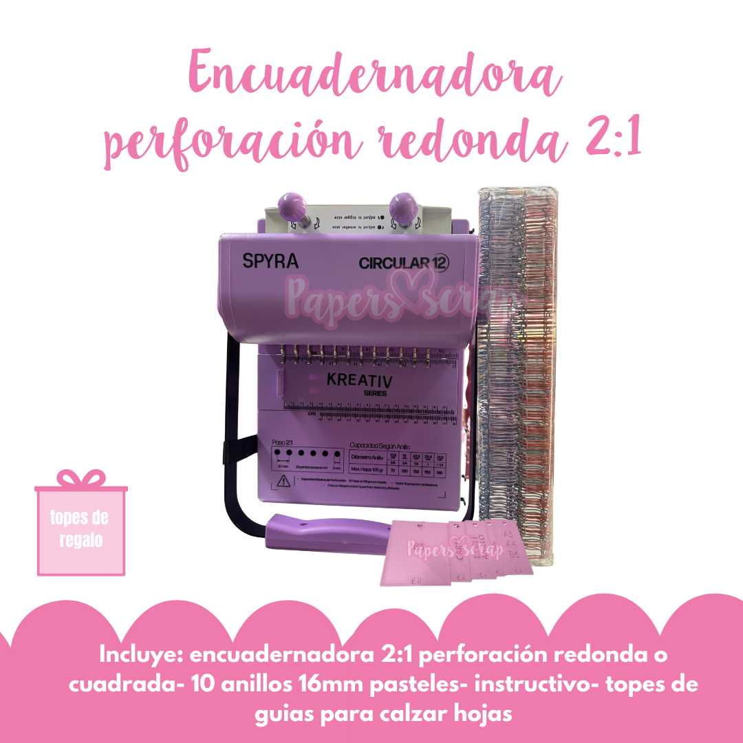 Encuadernadora Spyra paso 2:1 perforación redonda morado mas anillos y topes de regalo
