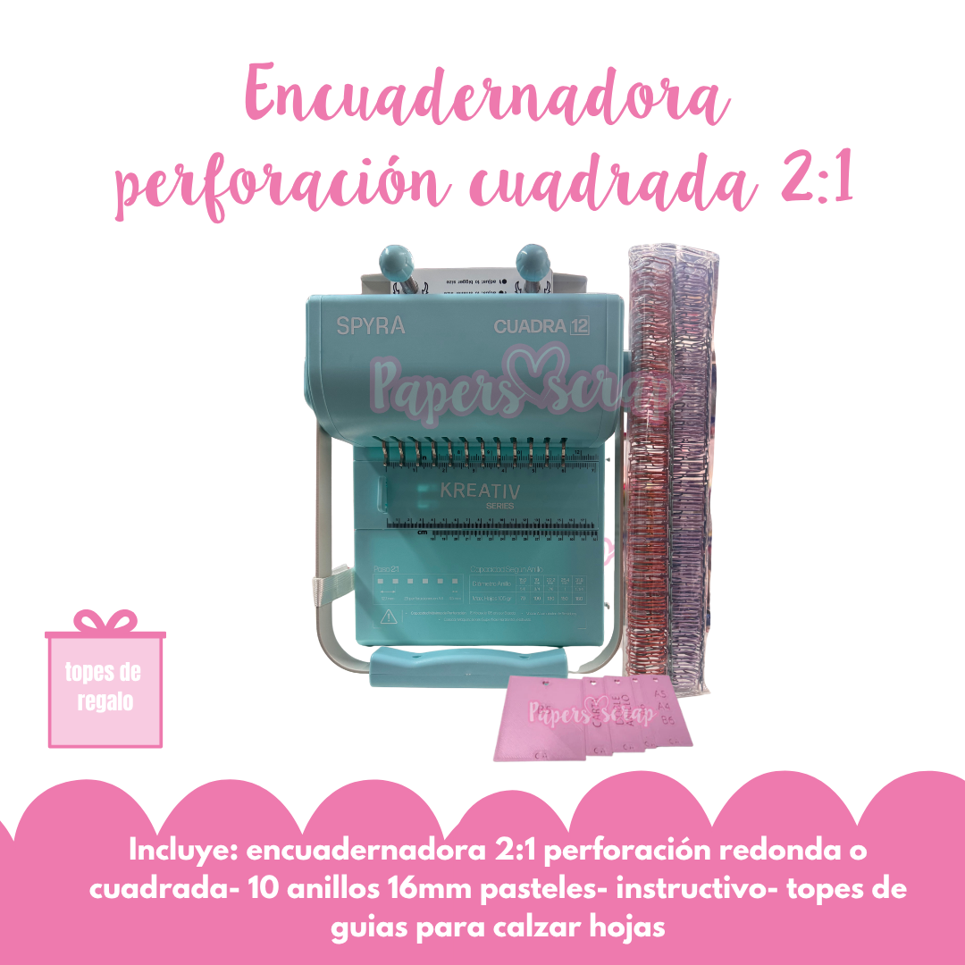 Encuadernadora Spyra paso 2:1 perforación cuadrada celeste mas anillos y topes de regalo