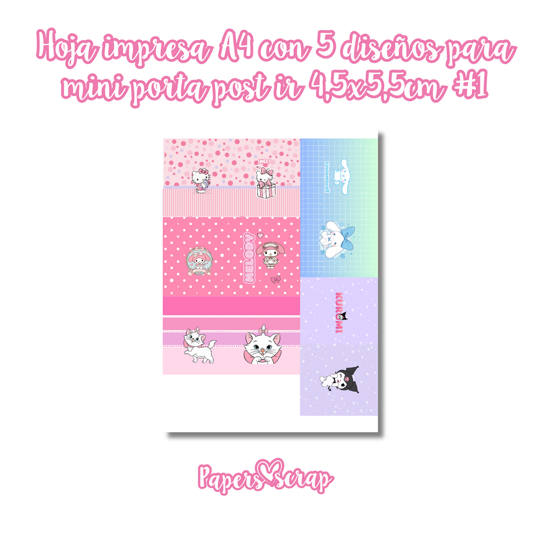 Hoja impresa en adhesivo A4 con 5 diseños para porta post it 4,5x5,5cm