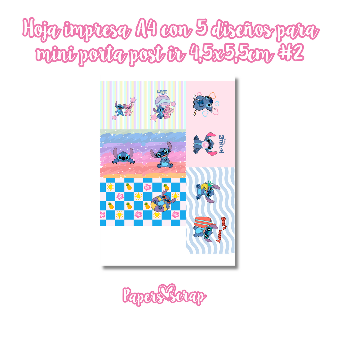 Hoja impresa en adhesivo A4 con 5 diseños para porta post it 4,5x5,5cm