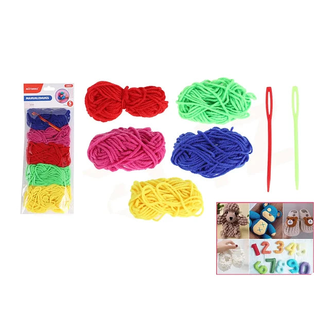 Set lanas 5 colores mas aguja plastica