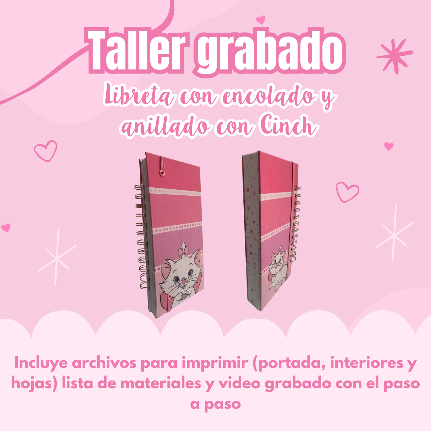 Taller pre grabado libreta anillada y encolada 10x21cm gatita Marie nivel intermedio